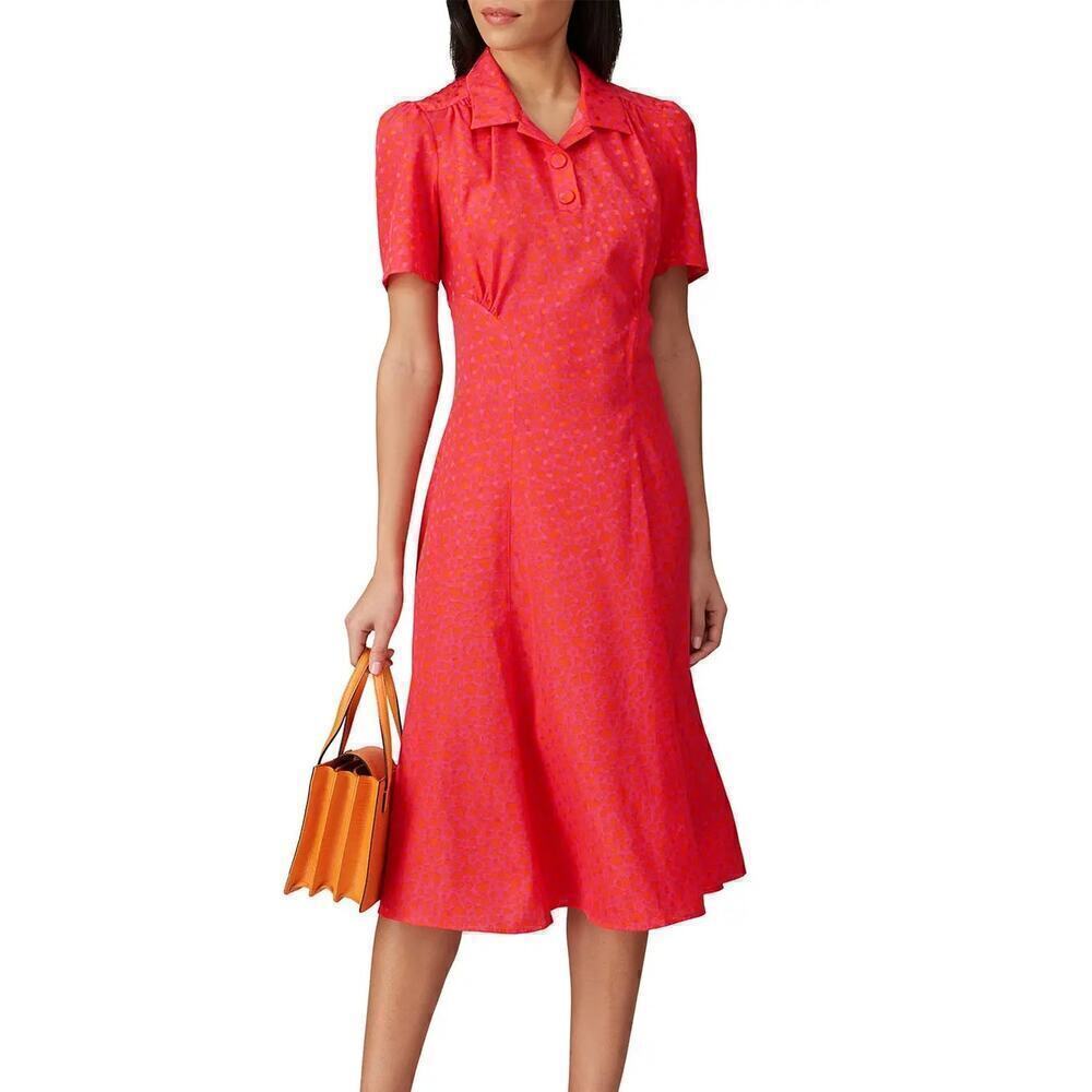 Tara Jarmon Rozenn Dress Hearts Printed Collared Shirtdress Midi Pink Orange XXL